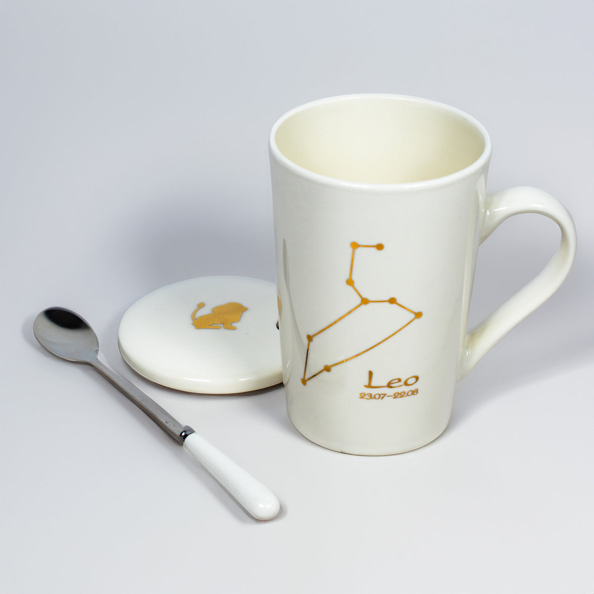 Leo Zodiac Porcelain Mug with Spoon & Lid