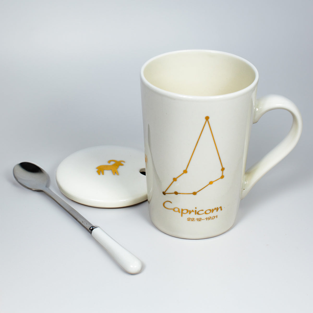 Capricorn Zodiac Porcelain Mug with Spoon & Lid