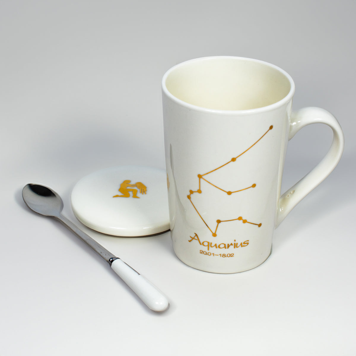 Aquarius Zodiac Porcelain Mug with Spoon & Lid