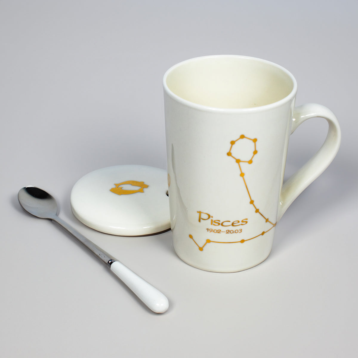 Pisces Zodiac Porcelain Mug with Spoon & Lid