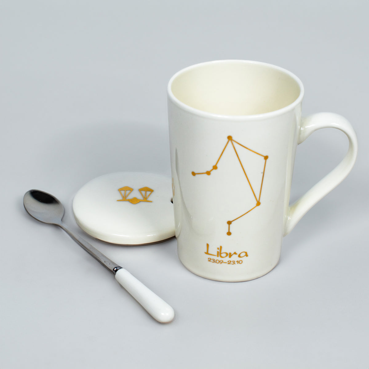Libra Zodiac Porcelain Mug with Spoon & Lid