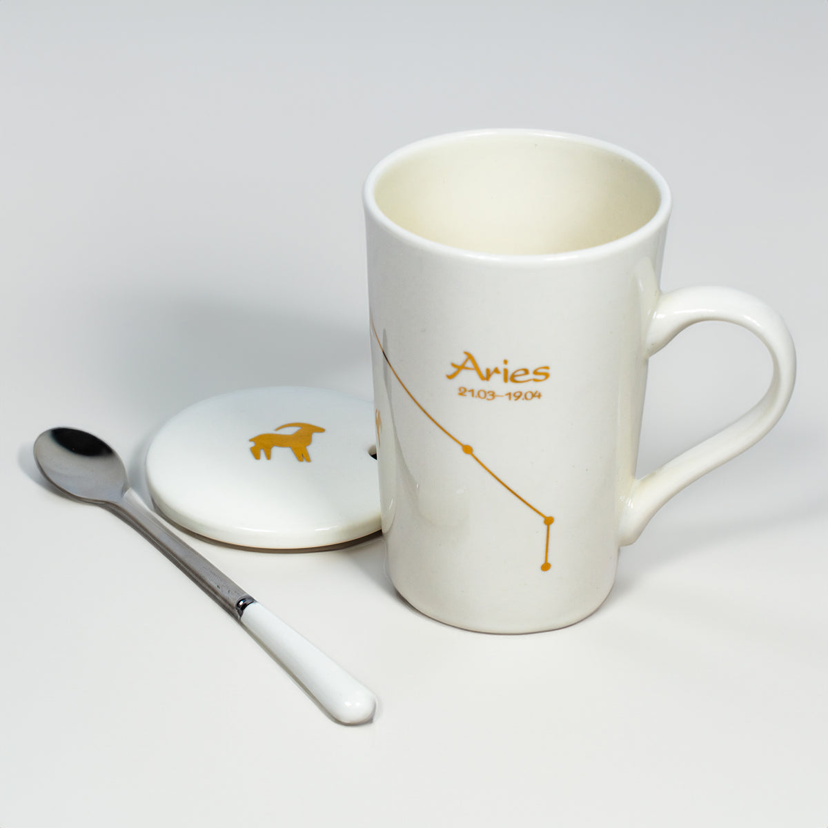 Aries Zodiac Porcelain Mug with Spoon & Lid