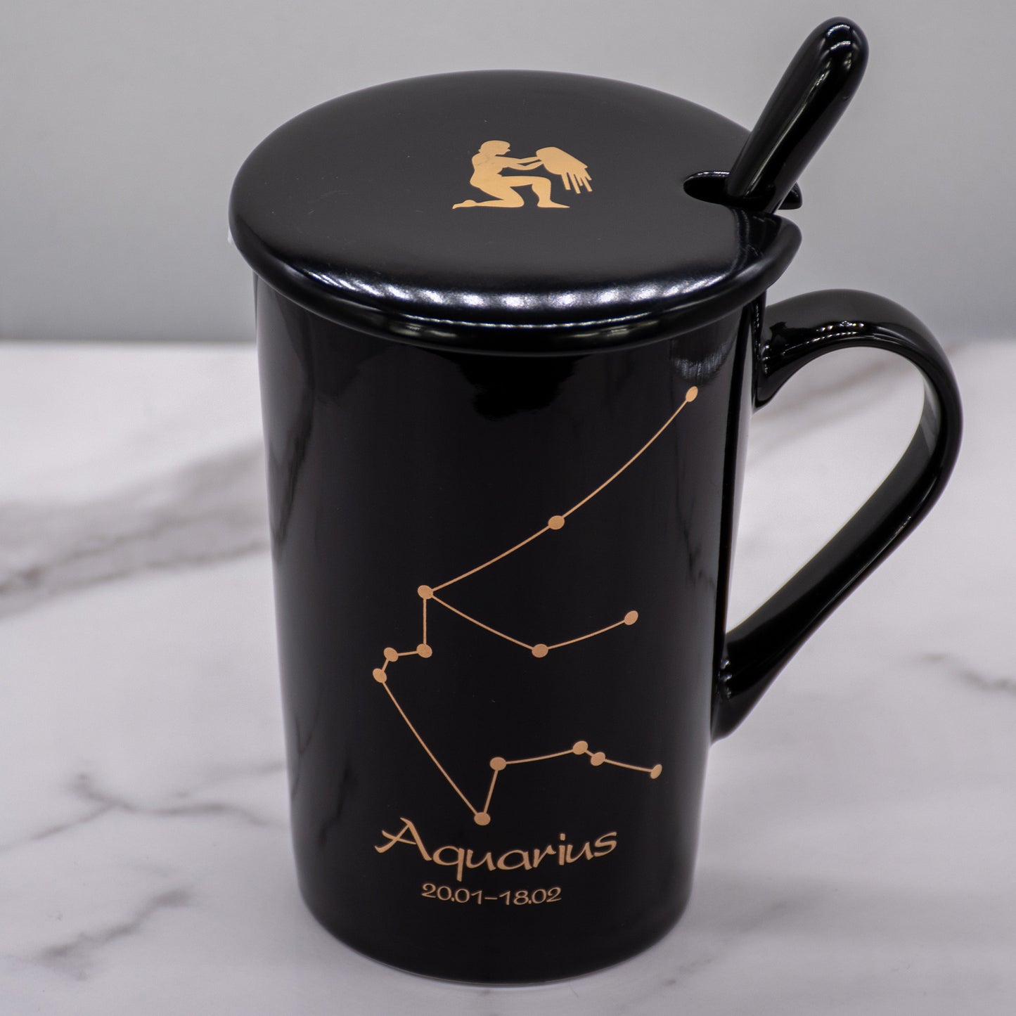Aquarius Zodiac Porcelain Mug with Spoon & Lid