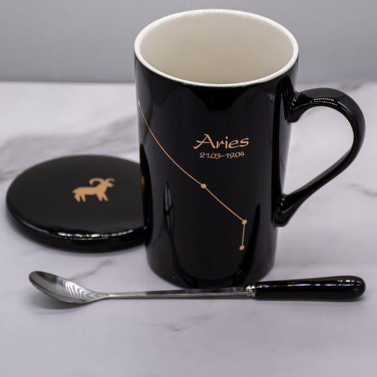 Aries Zodiac Porcelain Mug with Spoon & Lid
