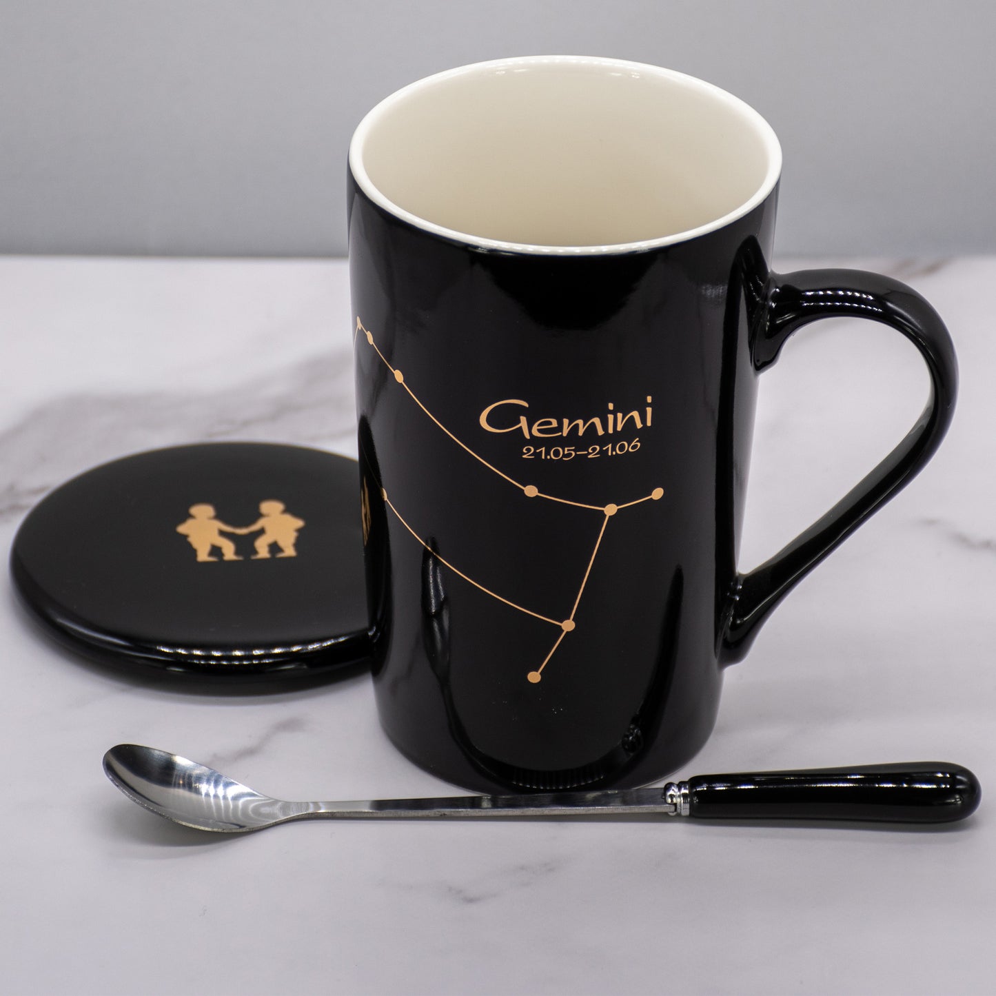 Gemini Zodiac Porcelain Mug with Spoon & Lid