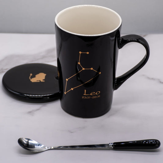 Leo Zodiac Porcelain Mug with Spoon & Lid
