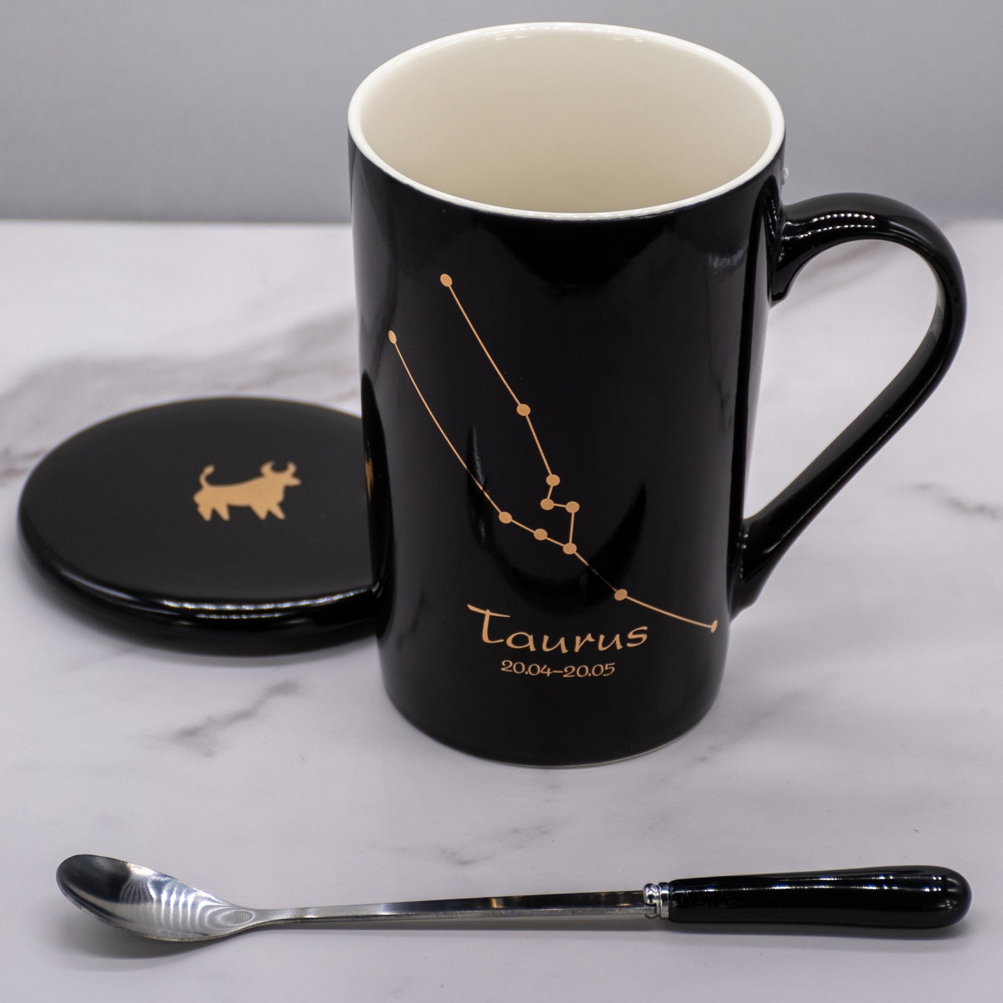 Taurus Zodiac Porcelain Mug with Spoon & Lid